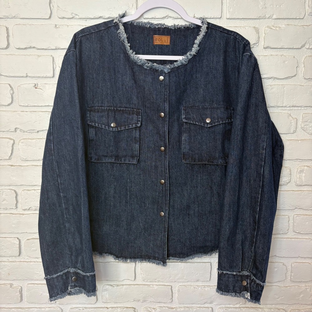 Pol Dark Wash Distressed Frayed Denim Jacket Women's Size Large‎